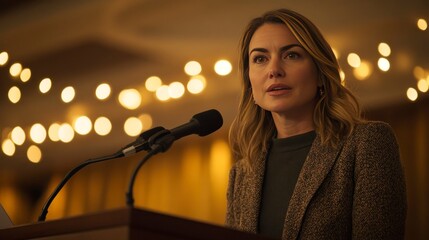 Woman speaking at charity fundraiser event under warm lights  