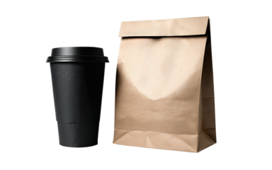 paper coffee cup and paper bag on transparent background