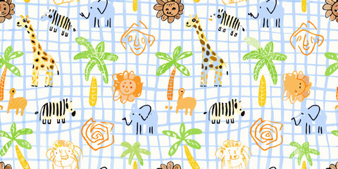 Cute hand drawn safari animals and palm trees on a blue grid background seamless pattern © Smritykona