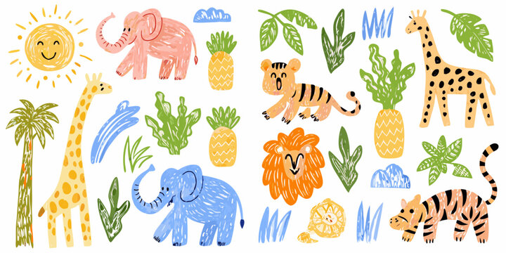 Cute hand drawn safari animals and tropical elements collection for kids