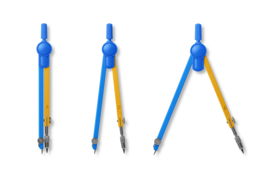 Colorful metal compass for school and college, drafting instrument, school office supplies, isolated on a transparent background, PNG. High resolution.
