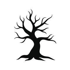 Silhouette of a bare, gnarled tree on a white background