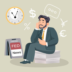 Businessman thinking about Federal Reserve economic news, Vector illustration of a businessman sitting on documents, looking thoughtful with Fed news, clock, and currency symbols around. 