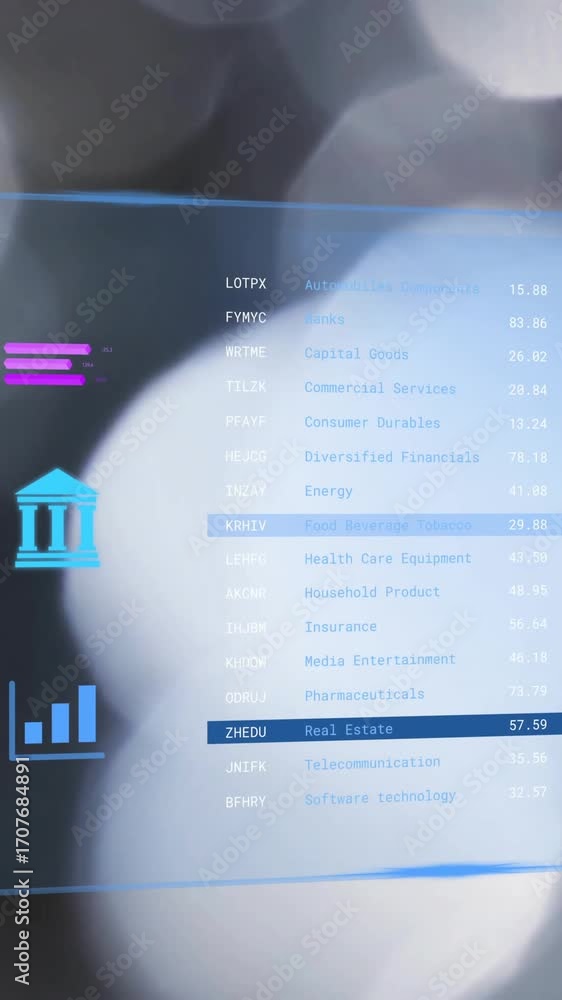 Poster processing financial data animation over blurred lights background