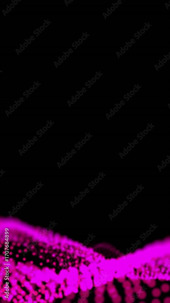 Poster animation of abstract mesh with pink glowing spots floating and waving on black background