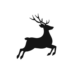 Silhouette of a leaping reindeer with antlers on white