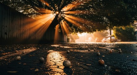 Sunbeams pierce through dense tree canopy illuminating a forest path