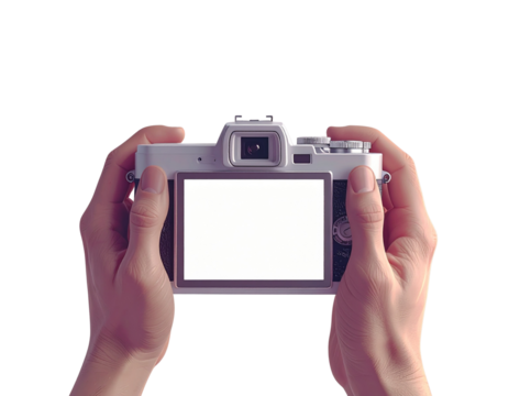 Minimalist person with digital camera and white screen isolated on transparent background PNG - Powered by Adobe