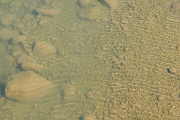 Top view of clear, shallow river water that penetrates to the bottom of the river. Ecological and environmental concept. For graphic design, 3D rendering and banner backgrounds