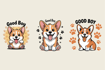 Obraz premium Three happy corgi dogs with paw prints puppy cute