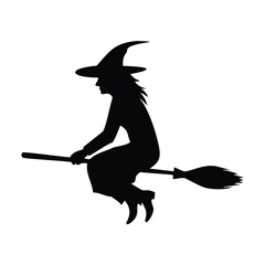 Silhouette of a witch riding a broomstick on white