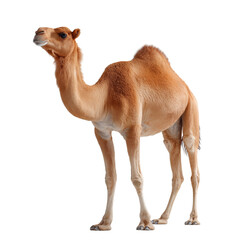 Obraz premium A full body studio shot of a dromedary camel with one hump standing and looking to the left isolated on transparent background