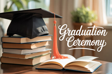 Celebrate academic achievement with a graduation cap, stacked books, and an open journal symbolizing knowledge and future success for commencement ceremonies and educational themes