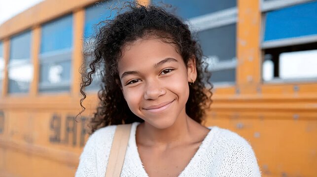 Young Hispanic girl smiling in front of yellow school bus - Powered by Adobe