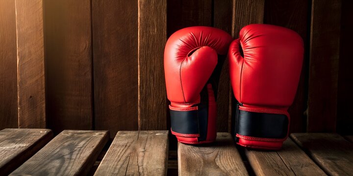 A pair of red amateur boxing gloves placed on a wooden bench, realistic studio lighting, sharp details, photorealistic
