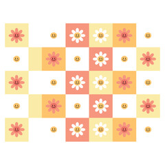 Vector art of retro smiling flowers and smiley faces pattern