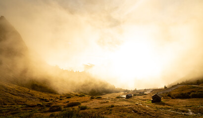 Italy - Trento/Belluno. View of the Dolomites from Passo Pordoi 2239m n.p.m. Popular pass on the Giro d'Italia. One of the Sella Ronda passes ridden by road cyclists.