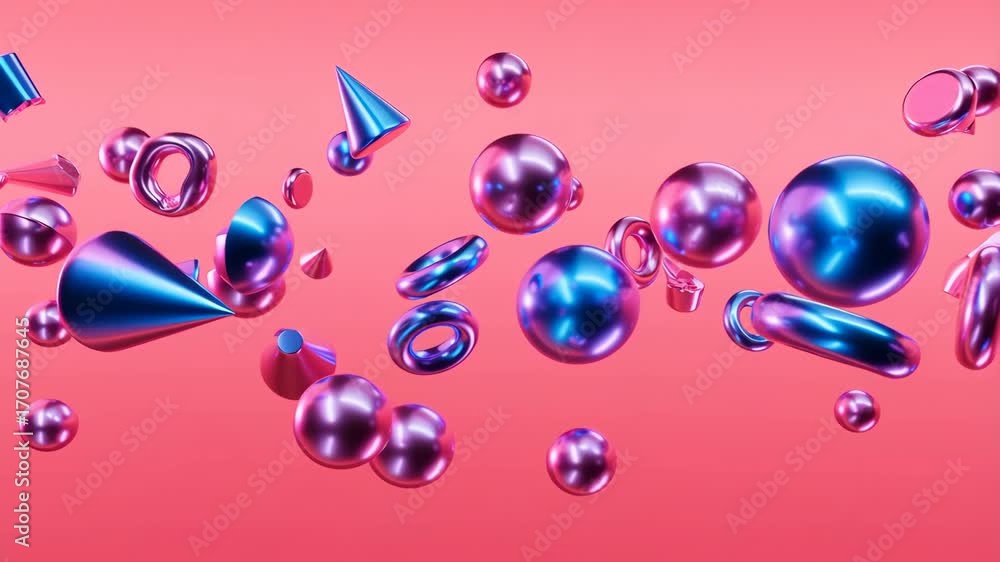 Poster beautiful colorful metallic shapes that are floating in a pink background setting