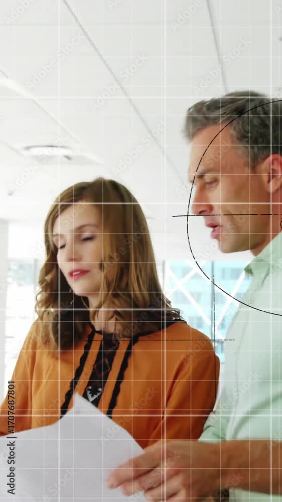 Poster animation of mathematical equations and financial data processing over diverse architects