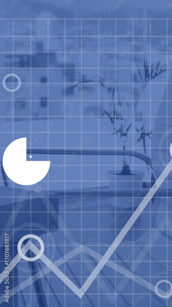 Poster animation of financial data processing and icons over desk in office