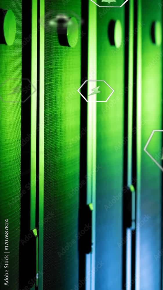 Poster animation of eco icons and data processing over computer servers