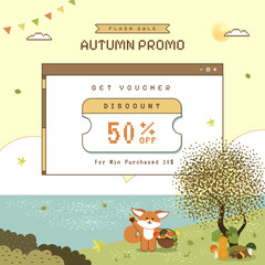 Autumn poster with cute animal illustration and retro computer pop up window
