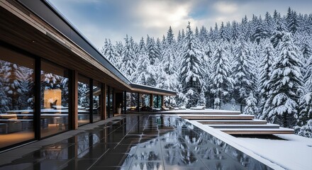 Contemporary chalet with angular roof and layered terraces, reflective stone patio, snowy pine backdrop