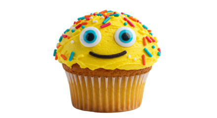 Fun monster cupcake with yellow icing and sprinkles isolated on white background
