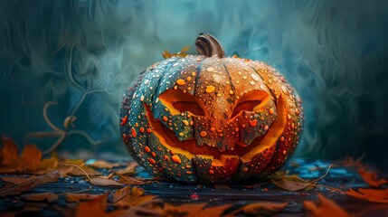 Ein fleckiger, geschnitzter Halloween K&uuml;rbis.