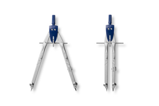 Metal compass with wheel for school and college, drafting instrument, school office supplies, isolated on a transparent background, PNG. High resolution.