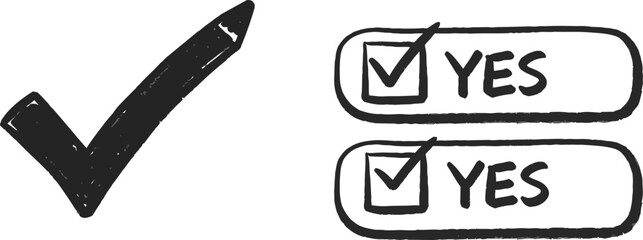Hand drawn checkmark and yes buttons with rounded corners on transparent background