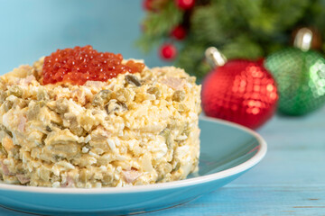 Russian potato salad Oliver for Winter holidays, for New Year made of boiled eggs, potato, chicken,...