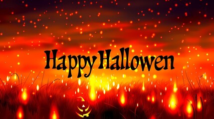 Der Text Happy Halloween vor leuchtenden Kerzen und Flammen.