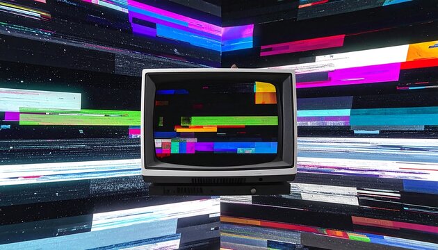 A retro television shows static amid a vibrant digital stream of colored pixelated blocks, evoking glitch art and technology
