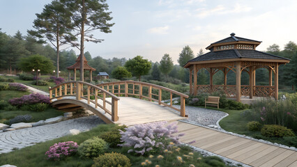 A serene park scene featuring a wooden bridge gazebo and lush greenery in beautiful nature viewe