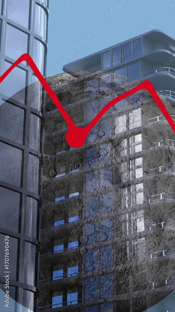 Aufkleber digital animation of statistical data processing over world map against tall buildings