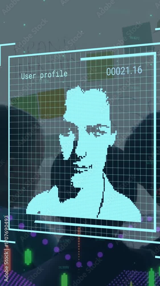 Poster animation of graphs and user icons over people in office