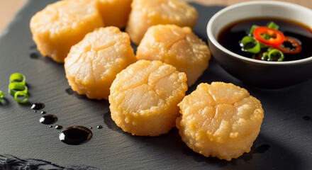 Enjoy delicious golden fried scallops served with flavorful soy sauce dipping sauce for a gourmet meal