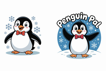 Fototapeta premium Cute cartoon penguins with snowflakes animal bird