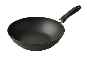 Clean wok pan with black non-stick coating and ergonomic handle, perfect for stir-frying on a transparent background