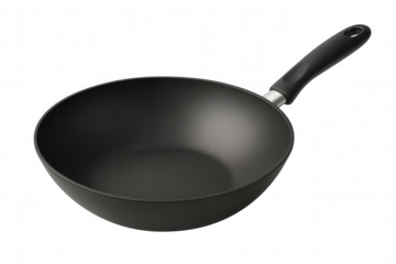Clean wok pan with black non-stick coating and ergonomic handle, perfect for stir-frying on a transparent background