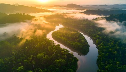 Scenic Aerial View of a Lush, Winding River Flowing Through a Dense Forest at Sunrise