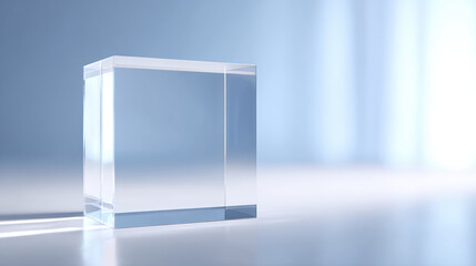 Serene clear acrylic block refracts light on modern background. crystal cube of transparent glass creates clean and minimalist display with elegant reflections