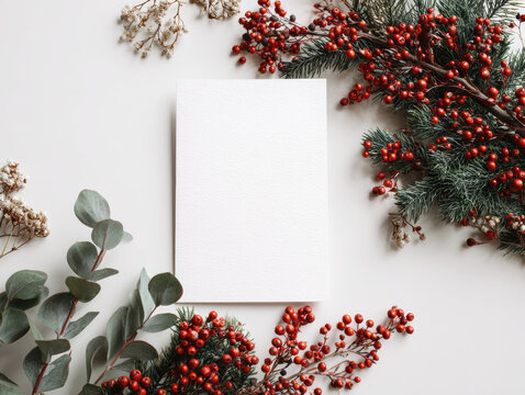 Festive blank card mockup for sustainable christmas greeting. Natural eucalyptus and red berry surround paper with elegant decoration for joyful holiday message