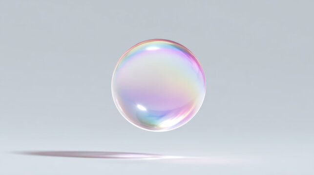 Serene, single floating orb, transparent iridescent sphere. minimalist abstract glass bubble or crystal appears pure and clean against bright background