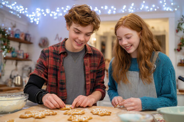 Joyful teen brother with prosthetic arm and sister baking christmas cookie together in festive kitchen. Happy siblings enjoying holiday activity at home, bonding over sweets