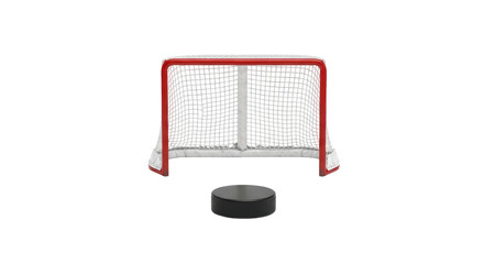 Isolated Ice hockey net and puck on floor of arena, hockey equipment on clear background