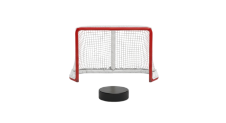 Isolated Ice hockey net and puck on floor of arena, hockey equipment on clear background
