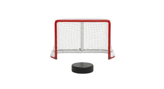Isolated Ice hockey net and puck on floor of arena, hockey equipment on clear background