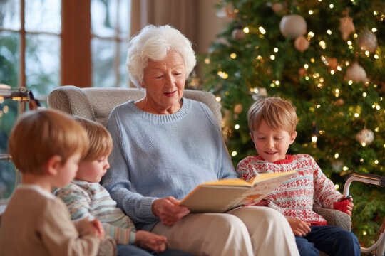 Loving grandmother reading story book to three grandchild boys at home. happy family enjoy Christmas Eve together, creating heartwarming holiday memory with storytelling